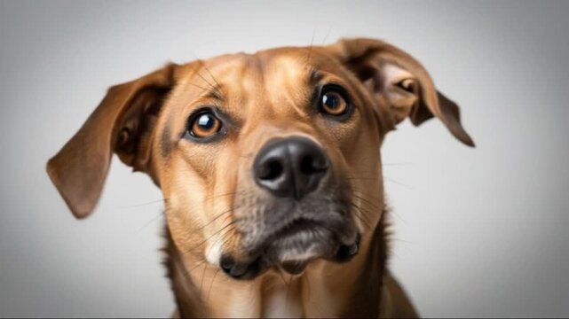 Brown Dog Tilting Head Curiously on White Background