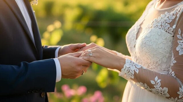 Closeup of a groom putting a ring on a brides finger outdoors in a garden