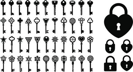 Large Collection of Vintage Skeleton Key Silhouettes and Heart Shaped Padlock Icons for Antique Design Decorative Vector Graphic Elements Set