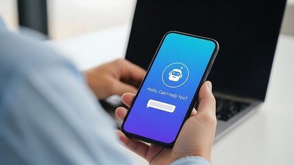 Person holding smartphone with chatbot interface on screen hand