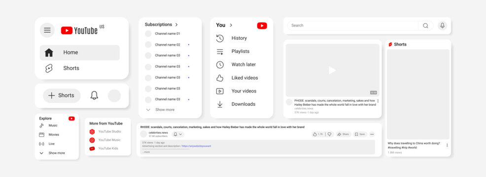Minimal YouTube-style interface kit with video player mockups, navigation menus, notification icons, and Shorts panel. Ideal for UX and UI design, app prototyping, and mockups.