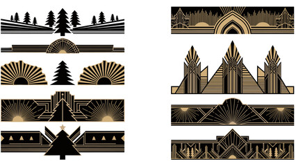 Art Deco Christmas Dividers Vector Set, 1920s Geometric Winter Holiday Borders, Gold and Black Gatsby Style