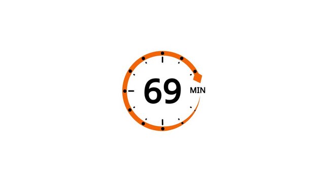 Orange circle timer with number 69 and minute indicator on white background clock