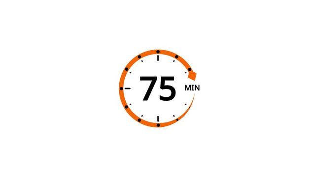 Orange circle timer icon with number 75 and M on white background clock countdown