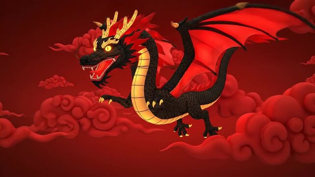 Chinese Dragon Flying Through Red Clouds Animation.