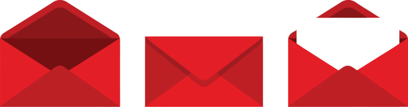 Three Red Envelopes in Different Open and Closed States on White Background mail letter