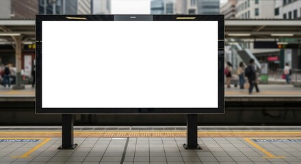 A prominent blank digital billboard stands on a bustling train station platform, offering a clear space for custom content