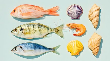 Variety of seafood including fish, shrimp, and shellfish are displayed on a blue background. Concept of abundance and freshness, as well as the diversity of seafood available