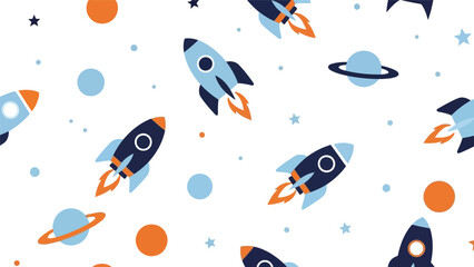 Colorful Space Adventure Pattern Vector with Rockets, Planets, and Stars for Fun and Engaging Designs © azad