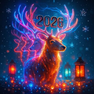 Neon Glowing Reindeer with Echo Light Trails and 2026 Antlers in Magical Winter Fantasy Scene
