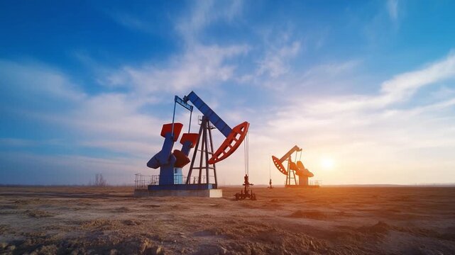 Oil Derricks at Dusk: Oil derricks stand as industrial titans against a dynamic sky at dusk, a testament to industry and energy extraction. A harmonious blend of nature and technology.