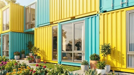 Colorful yellow and cyan shipping containers repurposed into a contemporary residential home with a beautiful garden, demonstrating sustainable and innovative architectural design and modern living