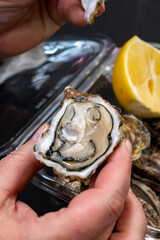 Fresh oysters on French weekly market, street food, portion of opened alive oysters with piece of...