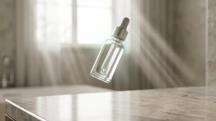 Transparent glass dropper bottle levitating over a marble surface in a sunlit bathroom, with a glowing green ring effect symbolizing its powerful, natural, or scientific properties