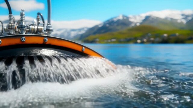 Underwater Technology: Close-up of cutting-edge technology skimming across the water's surface, reflecting the serene landscape, capturing innovation and the convergence of nature and engineering.