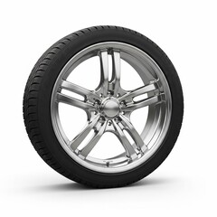 Obraz premium Modern Car Wheel with Alloy Rim and Tire Isolated on White perfect for website banner, product catalog, automotive ad, infographic, vehicle design, repair