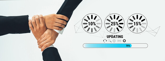This image illustrates teamwork and collaboration with hands joining together, alongside progress indicators that show an updating status on a digital interface. Trope