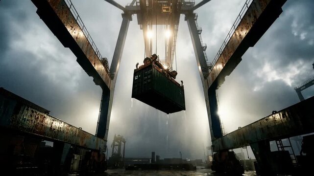 Industrial gantry crane lowering a heavy freight container in a misty shipyard during a downpour, with dramatic backlighting creating a powerful and moody atmosphere of global trade