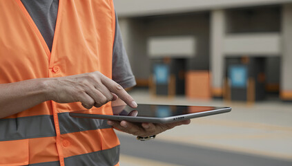 Warehouse worker using touch screen tablet for logistics operation