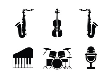 Musical Instruments and Sound Equipment Black Silhouette Icon Set