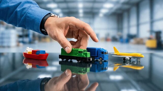 Businessman's hand directing multimodal transport, ship, train, truck and airplane representing global logistics, supply chain management and freight distribution strategy