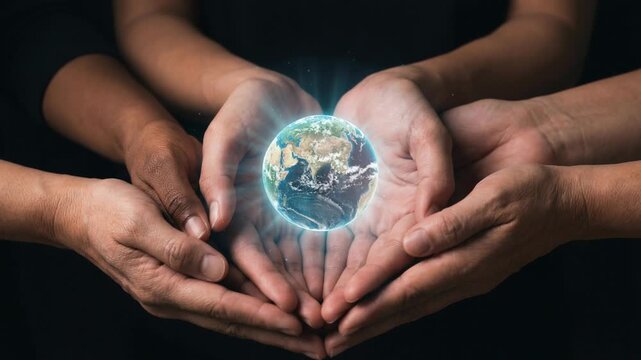 Diverse group of people's hands cupping together to hold and protect a glowing, spinning digital earth, symbolizing global unity, environmental responsibility, and hope for the future