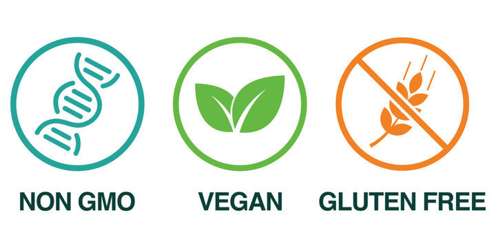 Non-GMO, Vegan, Gluten-Free Icons &ndash; Healthy Organic Food Symbols and Clean Product Labels Vector Illustration