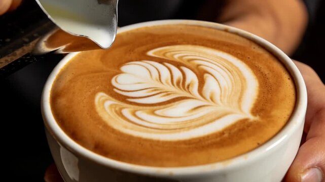 Close up view of a professional barista pouring steamed milk from a pitcher into a cup of espresso to create a beautiful and intricate rosetta pattern, a popular coffee making technique