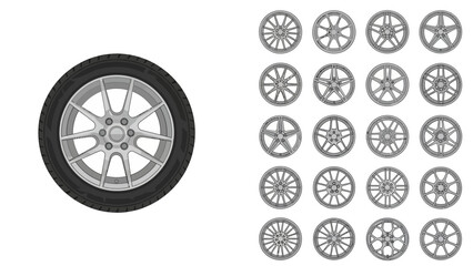 Collection of diverse automotive wheels and rims, isolated vector illustrations for vehicle design.