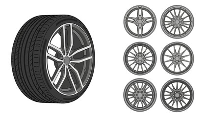 Automotive Tire with Sporty Wheel and Collection of Modern Vehicle Rim Designs