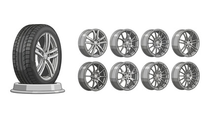 Showcasing Automotive Tire and Diverse Alloy Wheel Rim Designs Collection Illustration