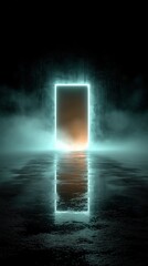 Mysterious glowing rectangular portal doorway in dark misty environment.


