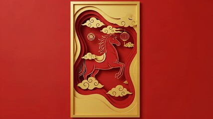 Chinese New Year Paper Cutout Horse with Clouds and Lanterns.