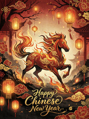 Majestic Fire Horse with Lanterns Chinese New Year Poster