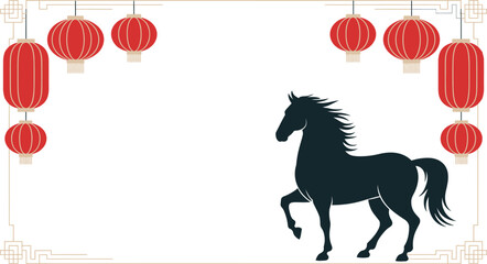 Chinese New Year lanterns and horse silhouette with frame on transparent background for festive invitation card design © MDMUKTADIR