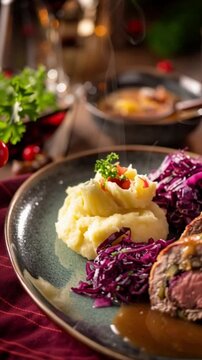 Klassische Rinderrouladen mit Rotkohl, Kartoffelp&uuml;ree und brauner So&szlig;e