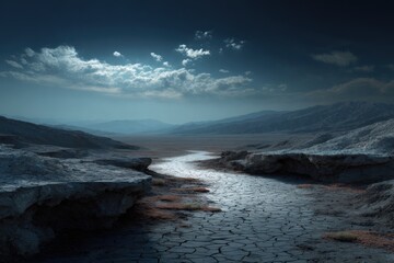 Obraz premium Future landscape shows dry earth and cracked soil under a dark sky with distant mountains and sparse vegetation