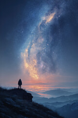 Fototapeta premium An astronaut stands on a mountaintop above clouds, gazing at a glowing nebula in the early morning sky filled with stars.