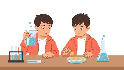 Curious kids conducting chemistry experiments in cartoon style