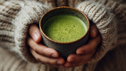 hands holding warm cup of matcha with soft natural lighting