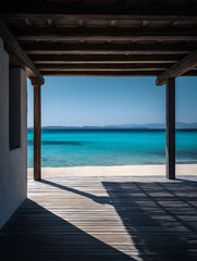 Fototapeta premium The dark wood pavilion overlooks the bright blue sea, natural light