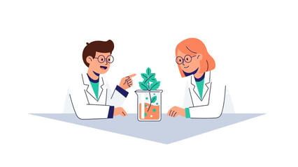 Scientists discuss plant experiment in lab setting with modern flat design