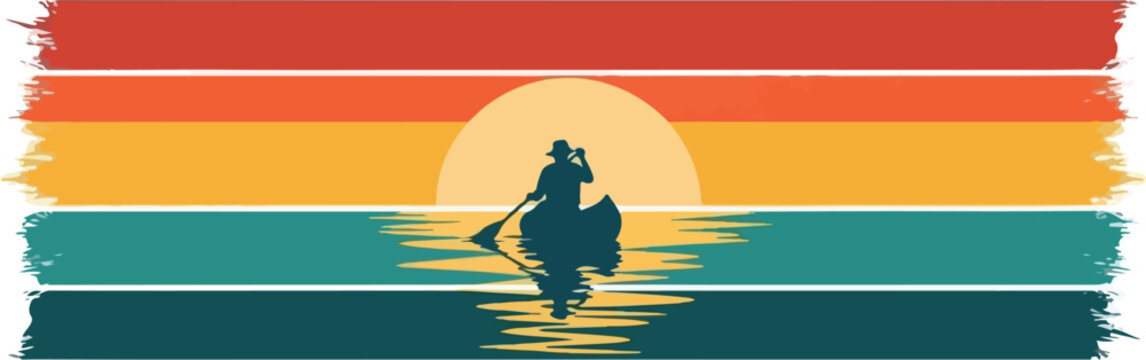Silhouette of a person paddling a canoe on a lake at sunset with a retro striped background.