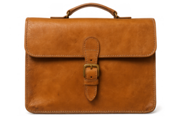 Brown leather briefcase isolated on transparent background, carrying business documents and personal items