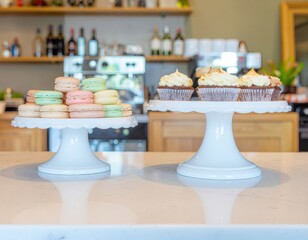 Colorful Macarons and Cupcakes Display on Elegant White Stands in a Contemporary Bakery