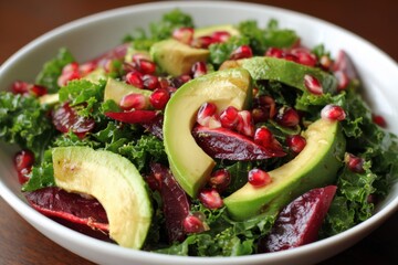 Fresh avocado kale beet pomegranate salad with vibrant colors and textures served in a bowl on a wooden table