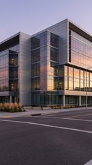 Modern Glass Building with Metallic Facade Reflecting Sunset Sky in Urban Environment
