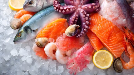 Variety of seafood including shrimp, squid, and fish are displayed on a table with ice. Concept of abundance and freshness, as the seafood is presented in a visually appealing manner