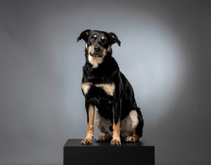 Portrait of a Black and Tan Dog Sitting Elegantly on a Pedestal Against a Dark Background