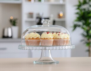 Elegant Display of Decorative Cupcakes Under Glass Dome in Modern Kitchen Setting